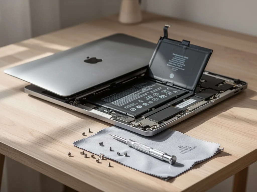 A MacBook with its back cover removed, a lithium-ion battery partially lifted, a precision screwdriver resting on a micr