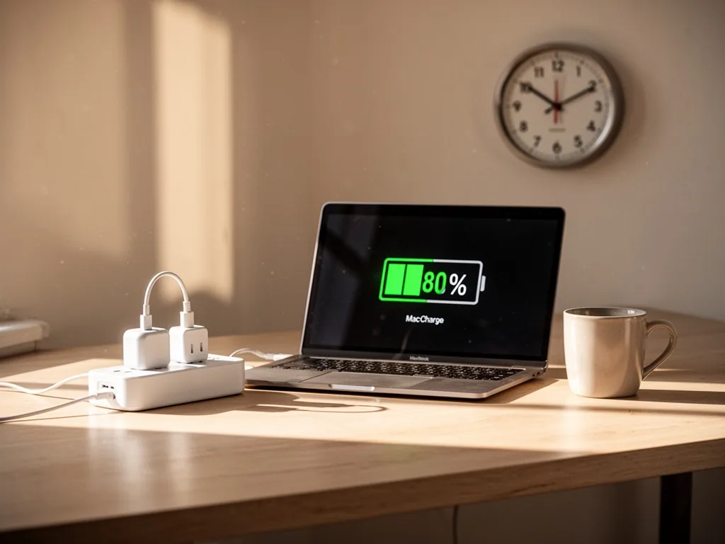 A MacBook plugged into a smart power strip, battery icon showing 80% charge, a timer on the wall, warm afternoon sunligh