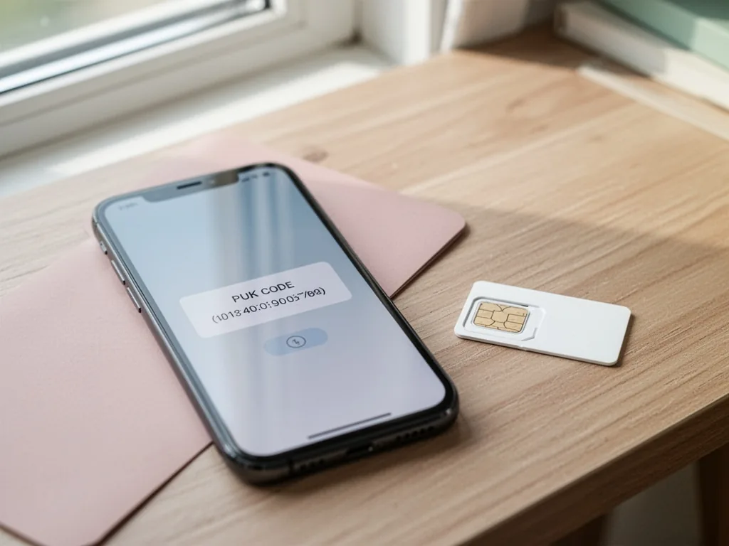 A smartphone screen displaying a PUK code, a white SIM card resting nearby on a wooden desk, soft window light