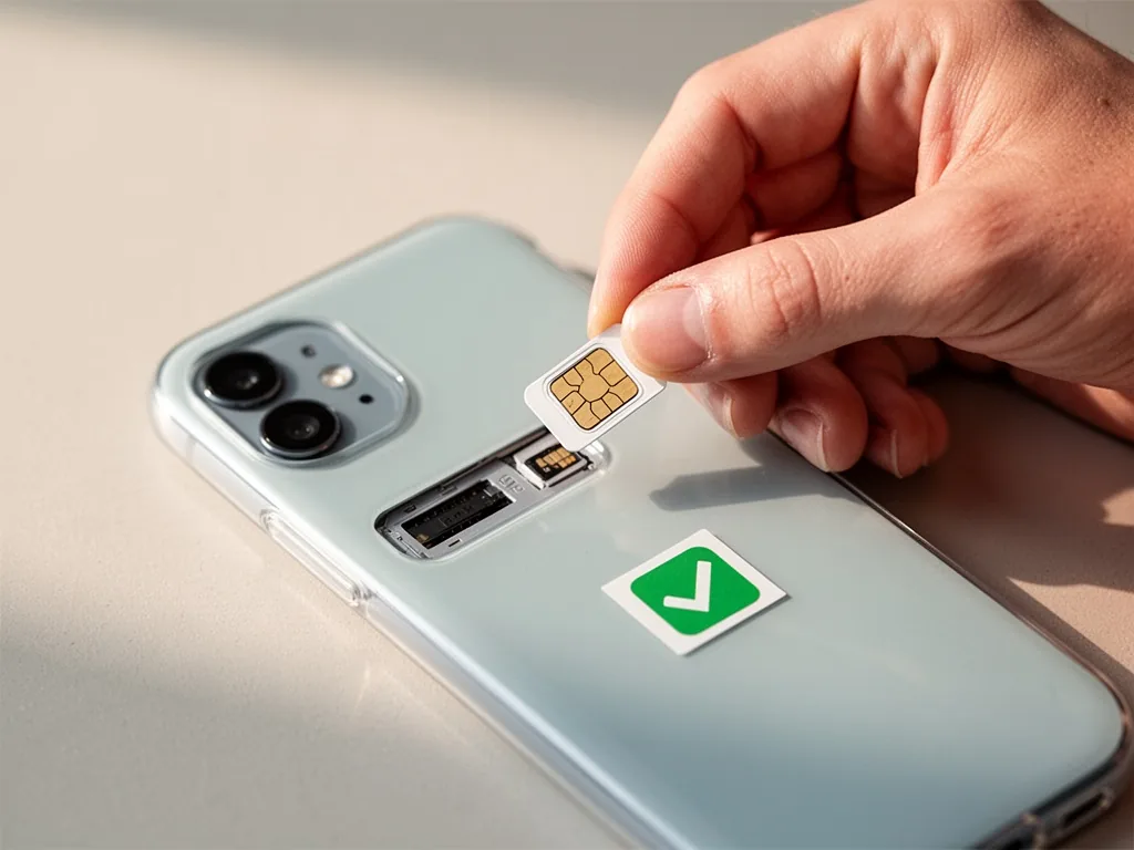 A hand gently inserting a SIM card into a phone slot, a small green checkmark sticker on the phone case, calm afternoon