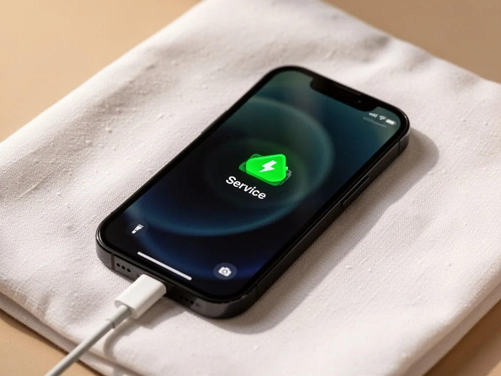 An iPhone 12 mini screen displaying a 'Service' battery warning, lying on a white cloth, a charging cable plugged in, so