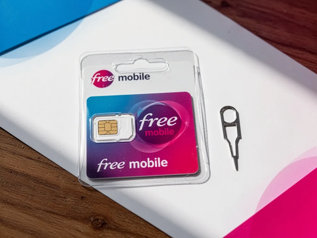 A new Free Mobile SIM card in its plastic carrier beside a SIM ejector tool on a wooden table, flat lay with gentle shad