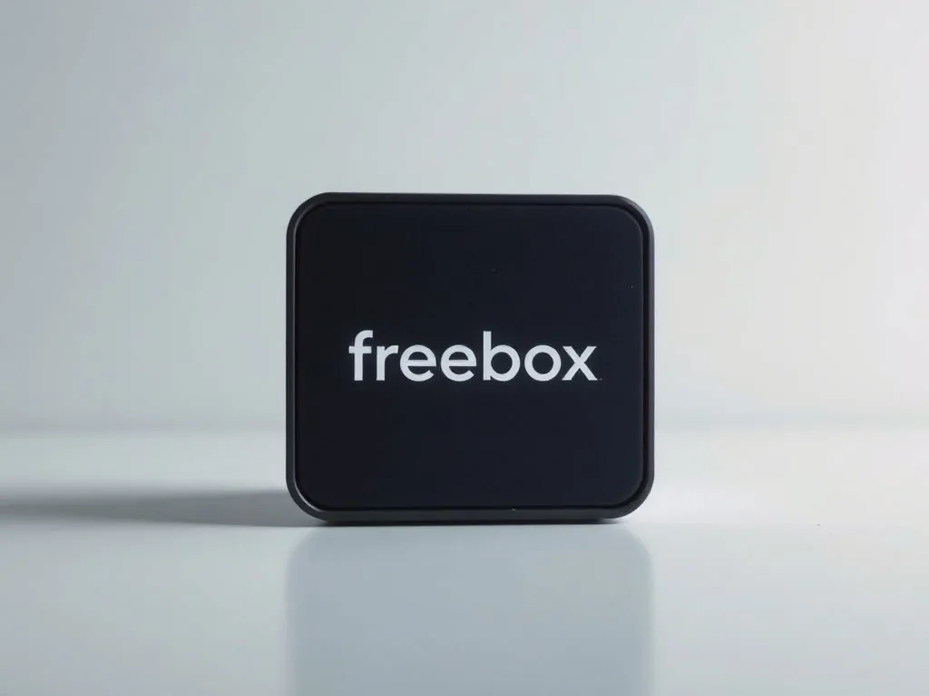 Photo d'une Freebox posée à côté d'une prise optique PTO, câble fibre vert branché