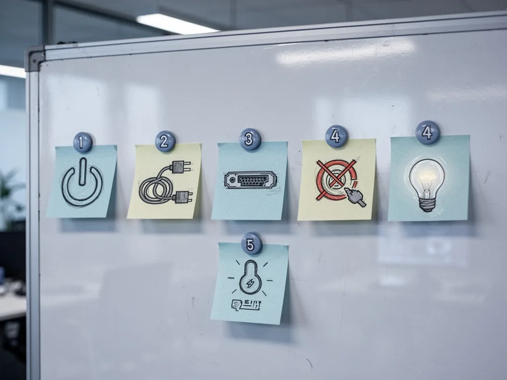 Five numbered sticky notes on a whiteboard, each with a short hand-drawn icon: power, cable, port, reset, light, bright 