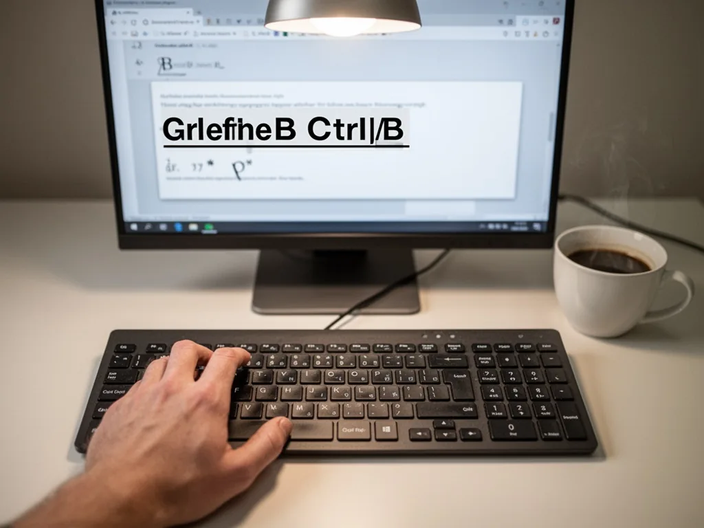 A computer keyboard with a hand pressing the Ctrl+B keys, screen showing highlighted bold text, desk with coffee cup, so