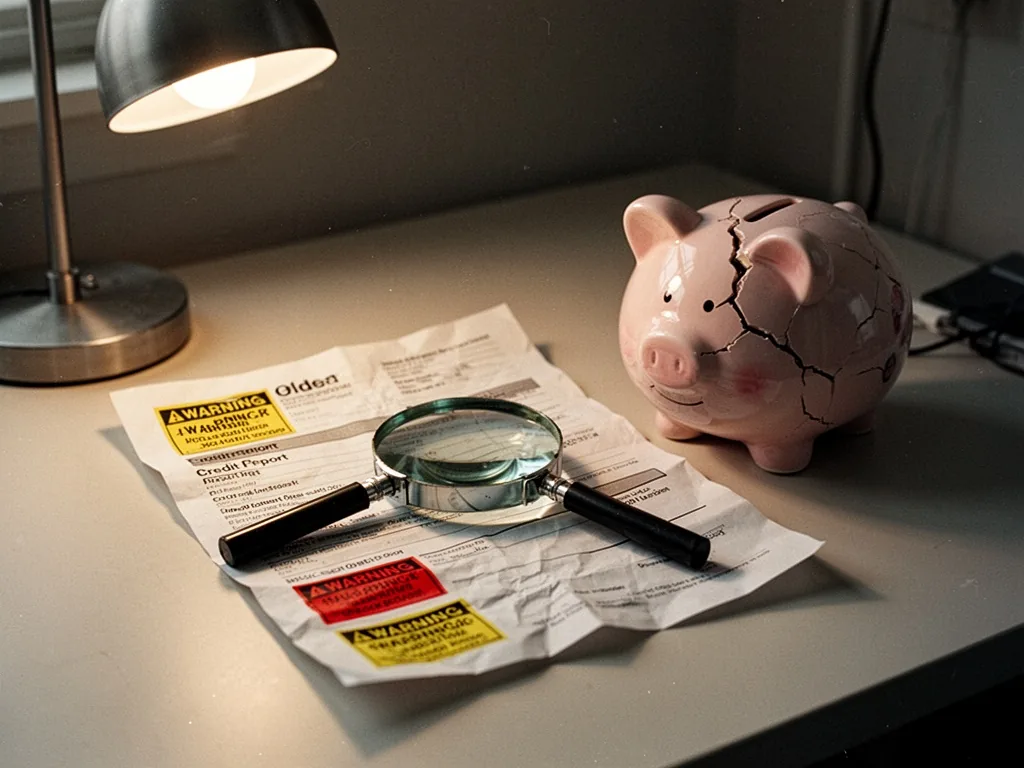 A magnifying glass resting on a crumpled credit report with warning stickers, a cracked ceramic piggy bank beside it, di