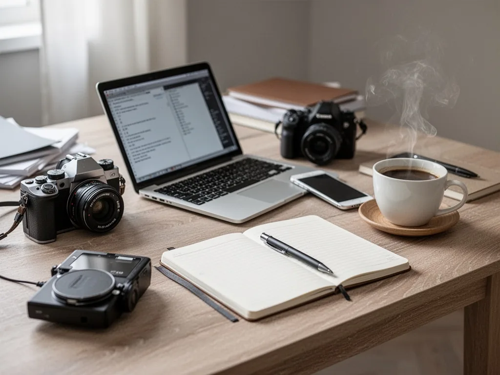 A cluttered wooden desk with a laptop, a smartphone, a camera, a notebook, and a steaming coffee cup, representing diver