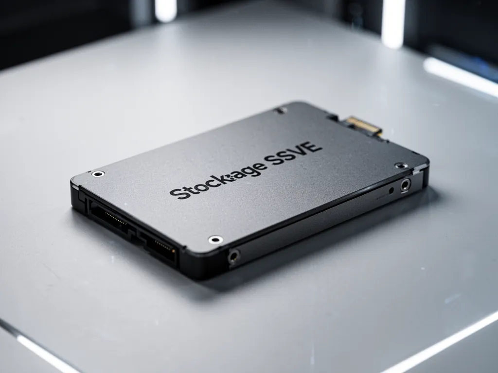 Vue rapprochée d’un SSD M.2 posé sur une carte mère, circuits et puces visibles