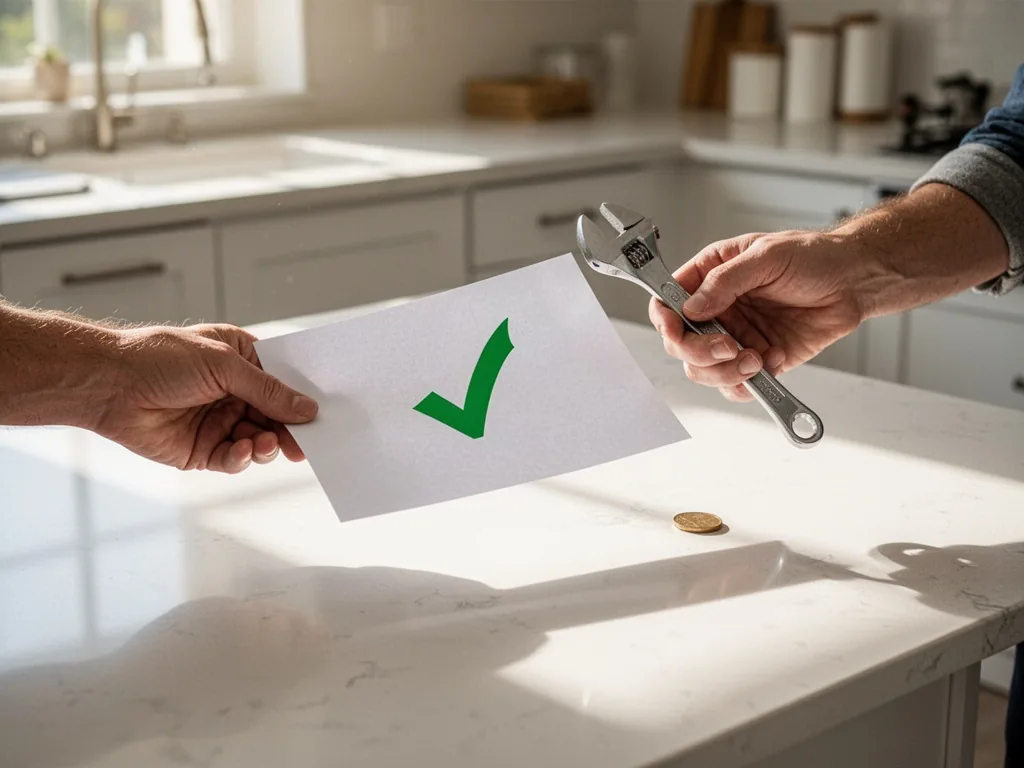 A homeowner's hand passing a blank contract with a green checkmark to an artisan's hand holding a wrench, a small coin b