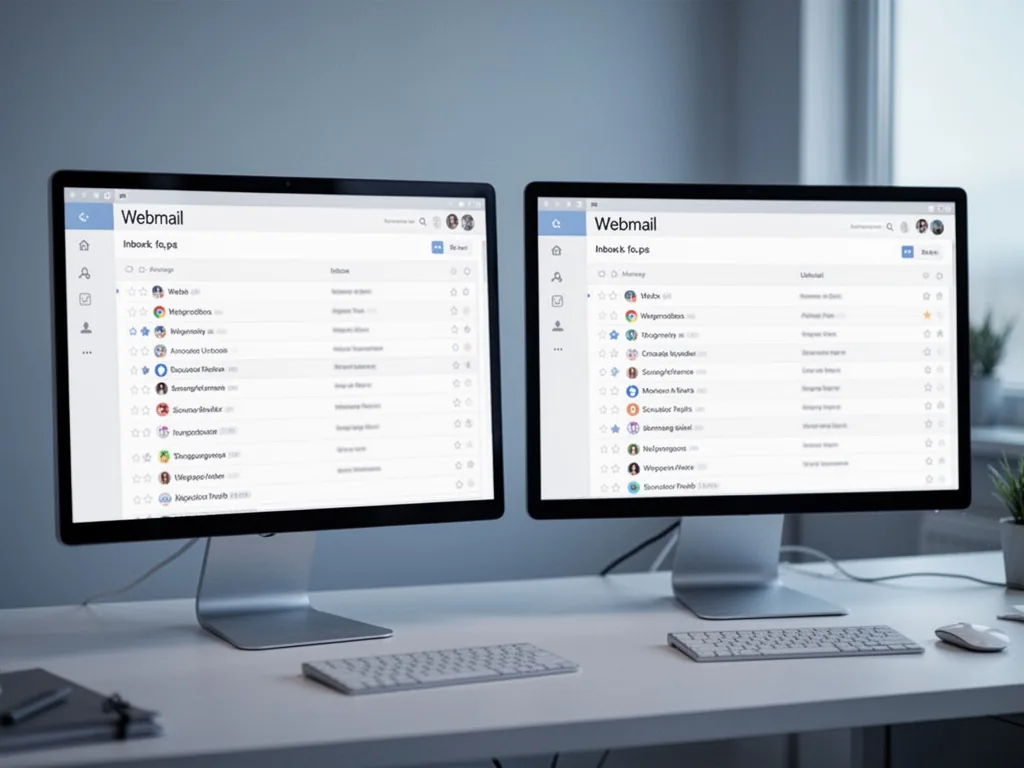 Two computer monitors side by side, one labeled Webmail and one Webmel, both displaying identical inbox layouts, soft of