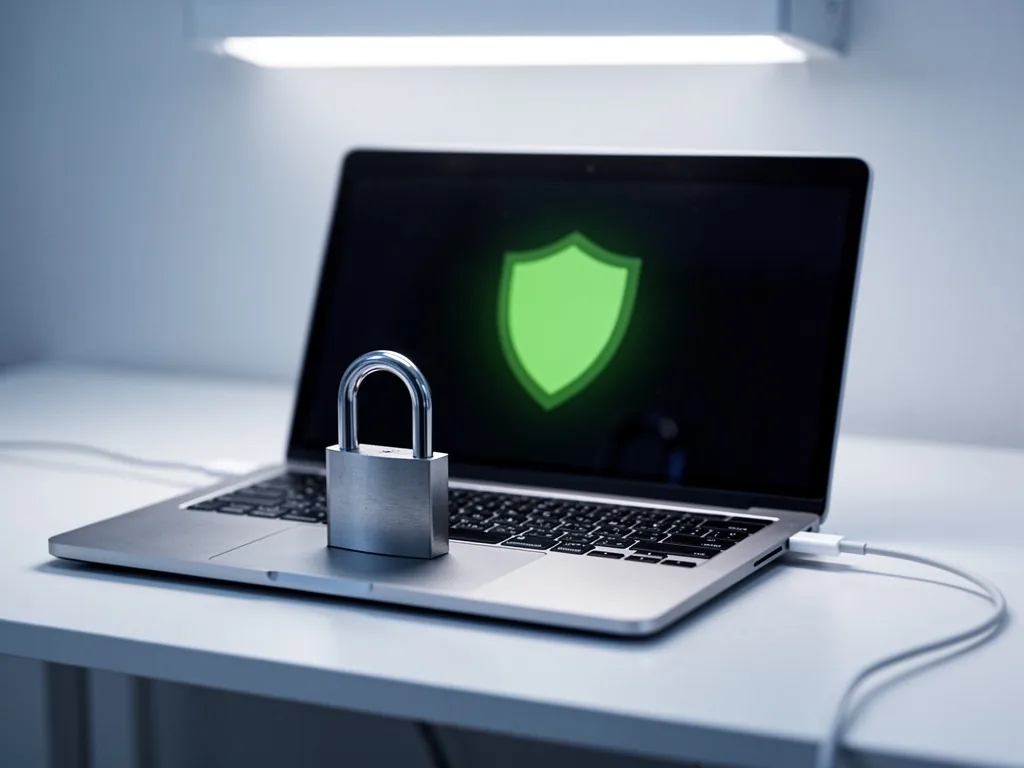 A metallic padlock on a laptop keyboard, a faint green shield symbol glowing on the dark screen, soft white light from a